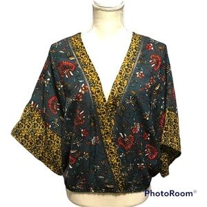 OLM Floral botanical Blue Gold wide sleeves Surplice Top